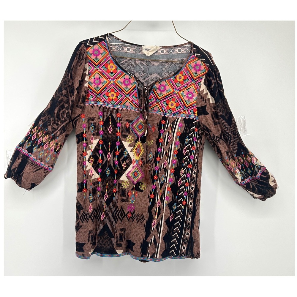 Savanna Jane Boho Embroidered Peasant Top Brown Southwestern Floral Tassel S